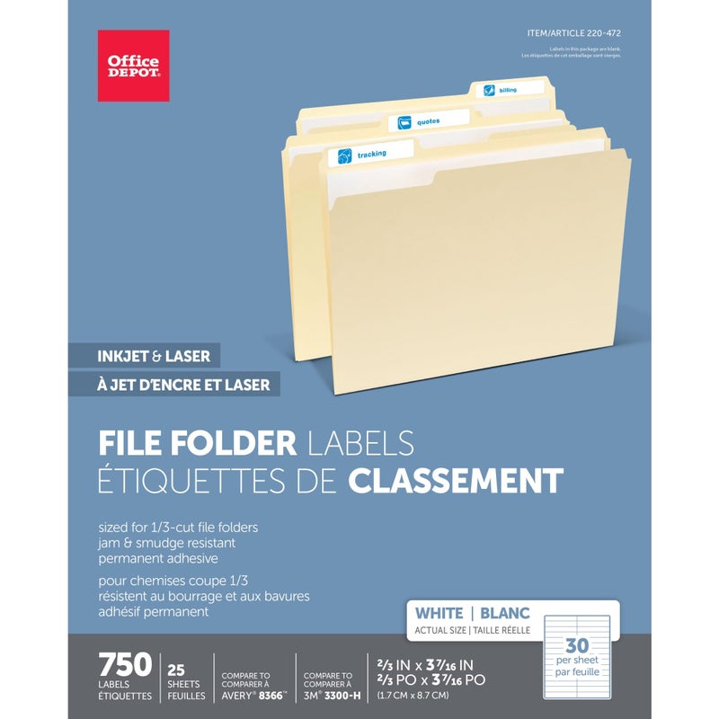 Office Depot ملصقات ملفات مكتب ديوتيب البيضاء للطابعات النفاثة/الليزر، 2/3 بوصة × 3 7/16 بوصة، بيضاء، عبوة من 750، 505-0004-0011 - Image 1